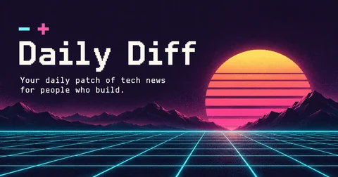 Daily Diff – en synthwave-solnedgång över ett lysande cyanblått rutnät.
